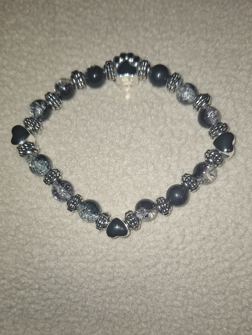 Silver & Black Heart And Paw Print Bead Stretch Bracelet